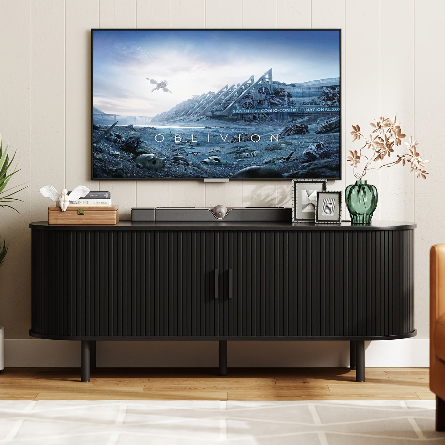 Black Mid-Century Modern TV Stand - Power Outlet 60" TVs
