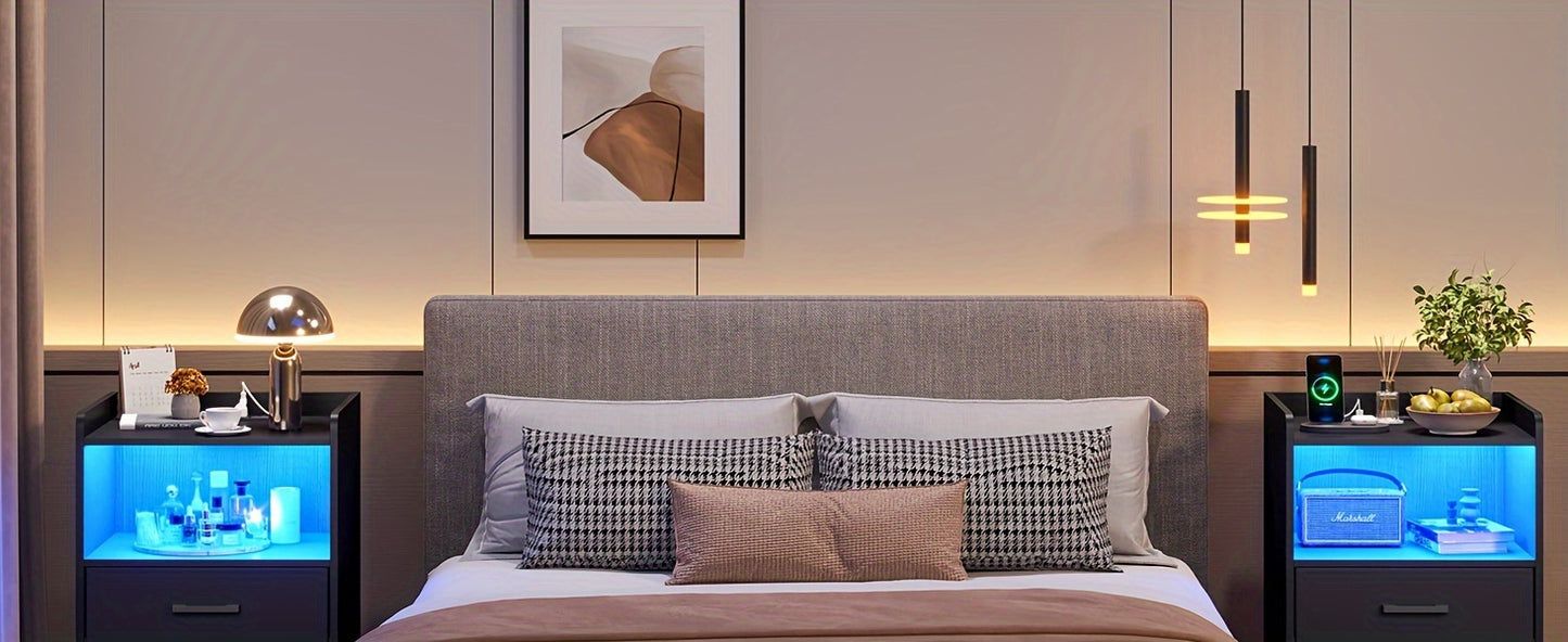 2pcs Black Nightstand with Storage Drawers for Bedroom, Modern Bedside Table Nightstands with Charging Station and LED Lights