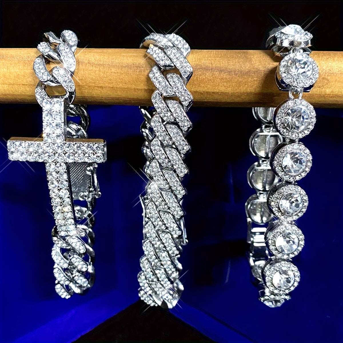 3pcs Set: Hip Hop Miami Link Bracelets with Shiny Rhinestones - Durable Alloy, Perfect for Everyday & Party Wear