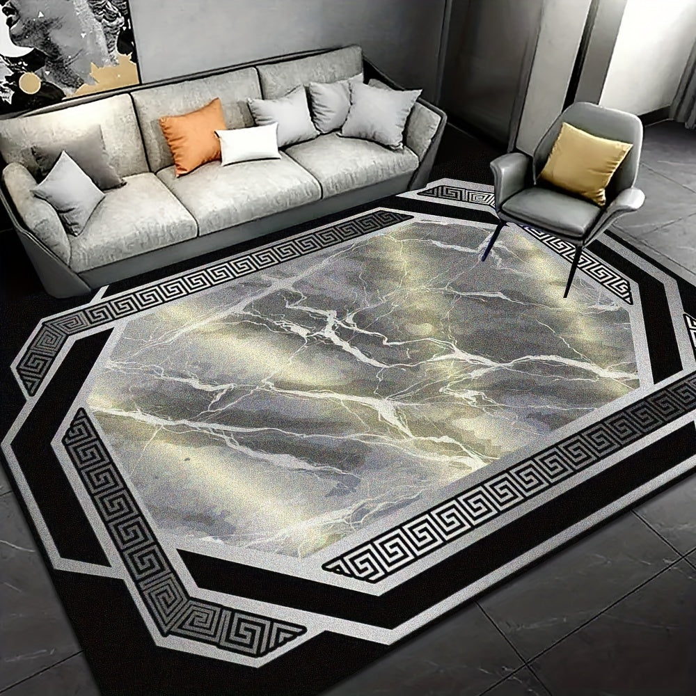 Luxurious Faux Cashmere Black Marble Area Rug - 1pc, Machine Washable & Non-Slip, Perfect for Living Room, Bedroom, Office - Elegant Home Decor