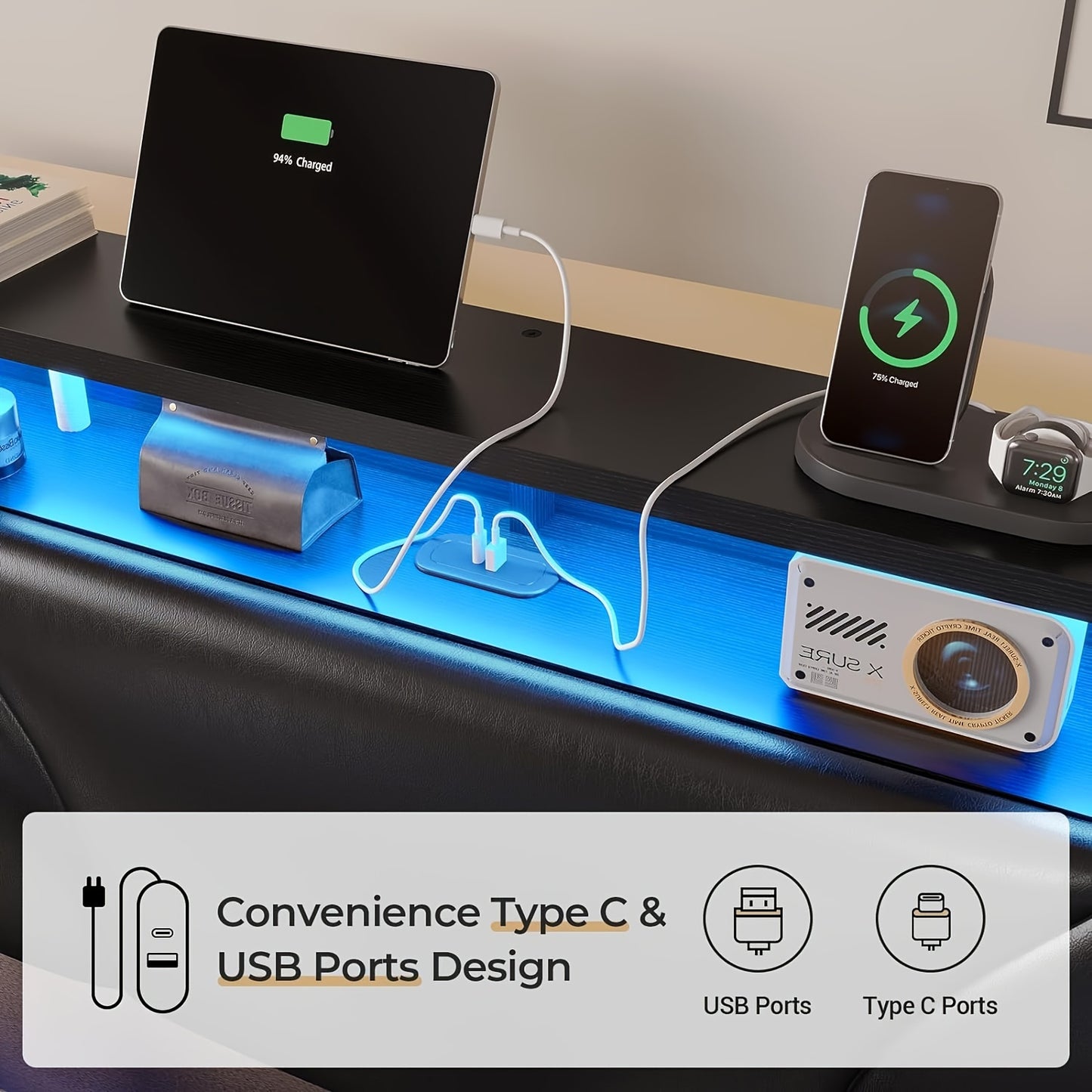 Full Size LED Bed Frame with Charging Station, Floating Bed with Storage Headboard and Open Shelf for Bedroom, Black