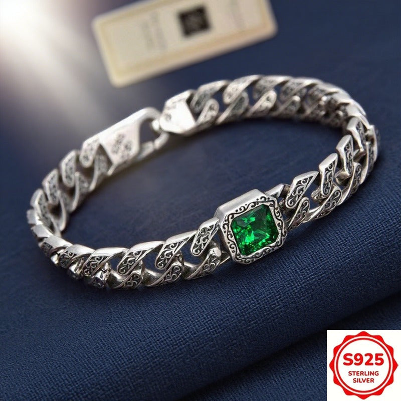 1pc S925 925 Silvery Plated-plated Men's bracelet, vintage style, with Arabic patterns, hypoallergenic, available in blue, green, and black, unique design, fashionable and versatile, suitable for both men and women, simple de