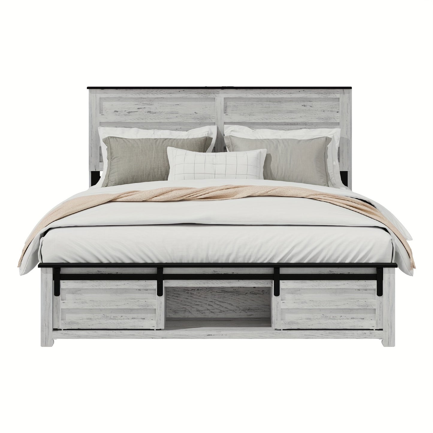 Queen Bed Frame With Upholstered Headboard And Wood Platform, Storage Headboard With Charging Station And LED, Bed Frame With Bookcase, No Noise, No Box Spring Needed, Easy Assembly, Antique White