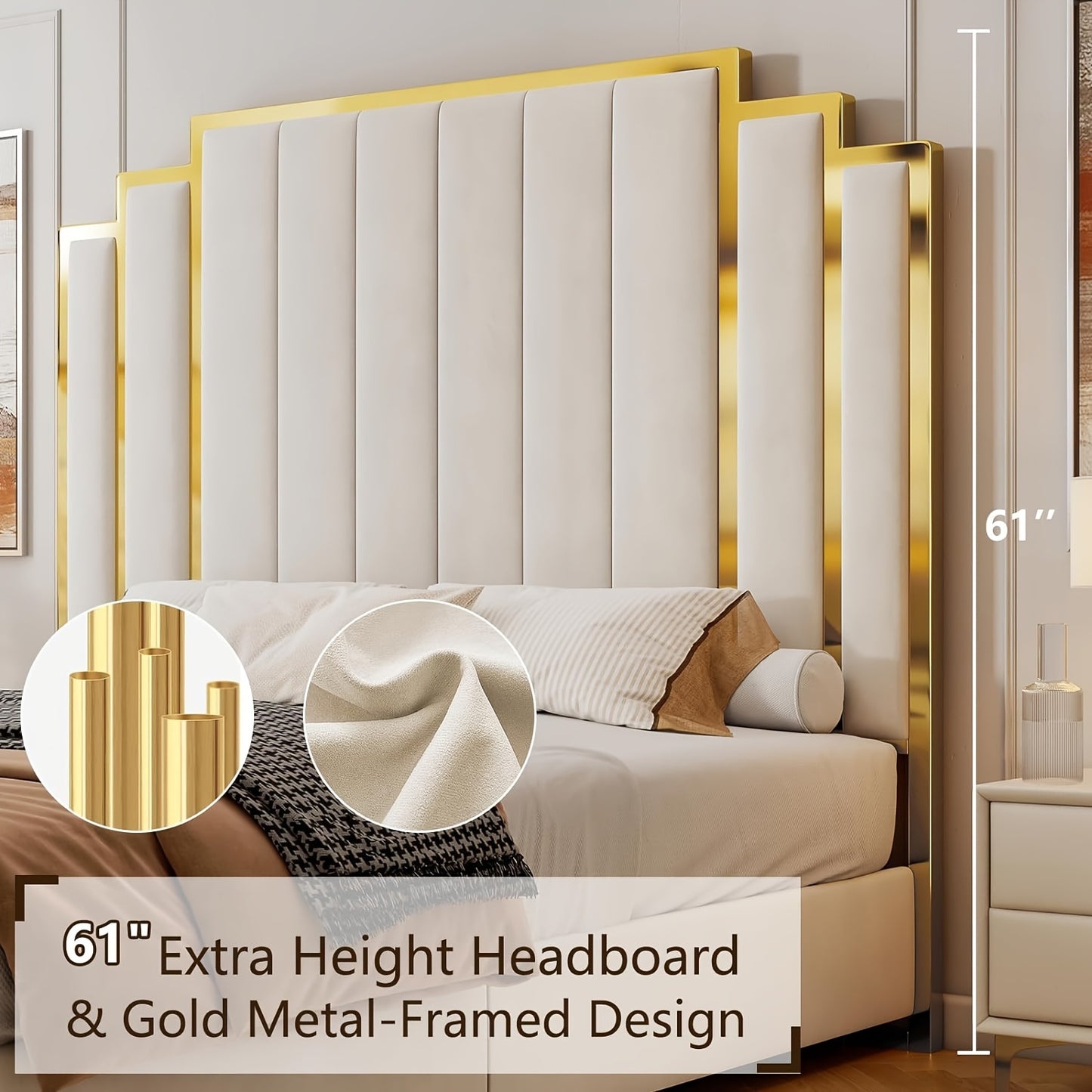 King Modern Upholstered Bed Frame with 61-Inch Headboard and Gold Plating Trim, No Box Spring Required Cream