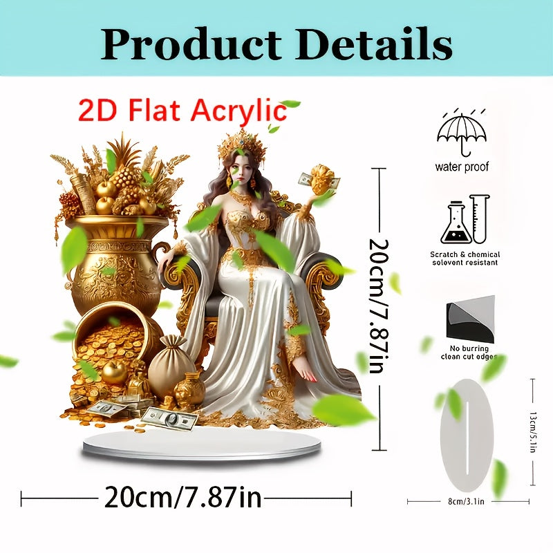 2D Flat, Elegant Wealth Goddess Acrylic Desktop Display - Regal Woman with Golden Crown and Treasures, Ideal for Home & Office Decor, Includes Stand