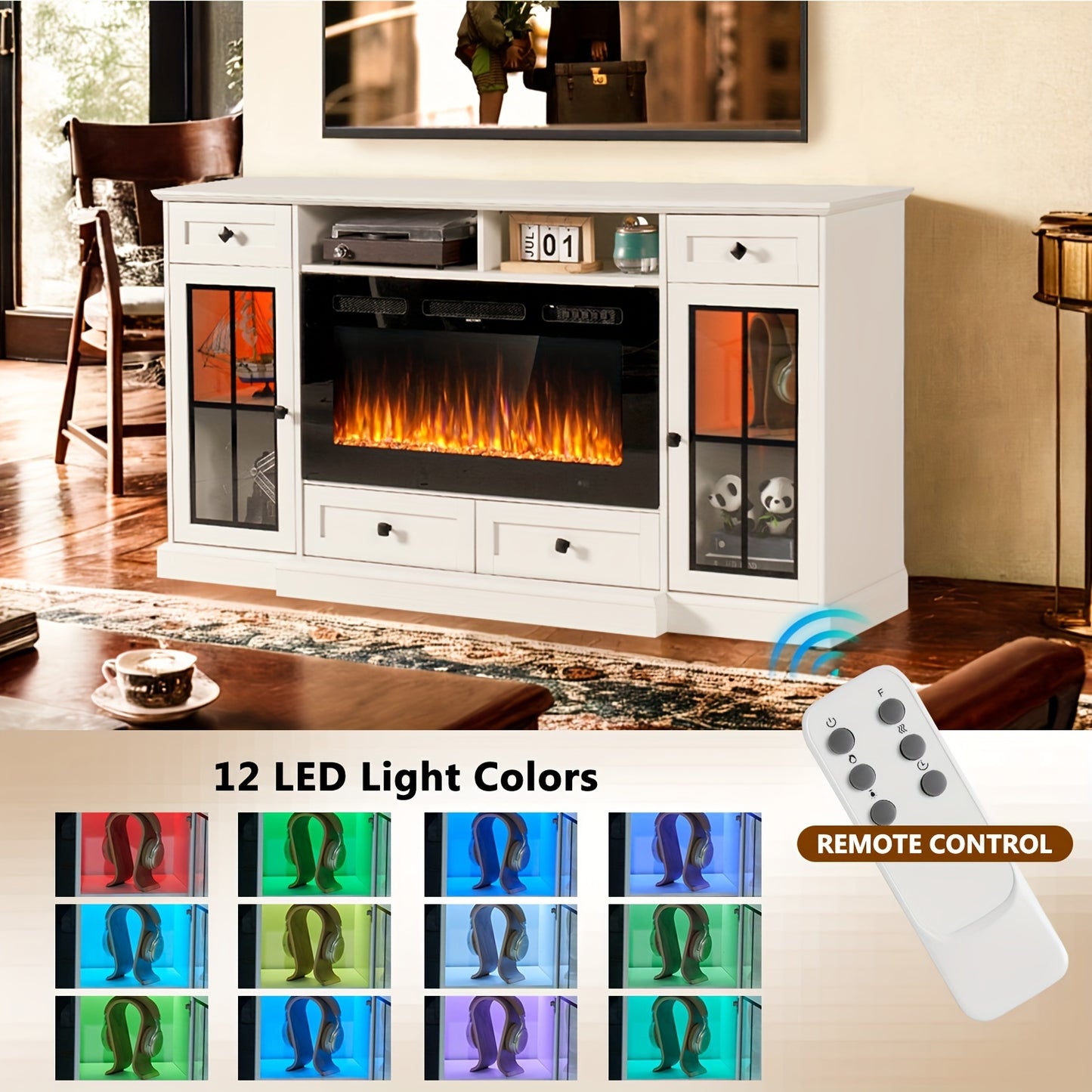 Farmhouse Fireplace TV Stand Suitable For Up To 75 Inch TV, 36" Tall Entertainment Center With 36" Crystal Eletric Fireplace, Modern Media Console Table With LED Lights For Living Room, White