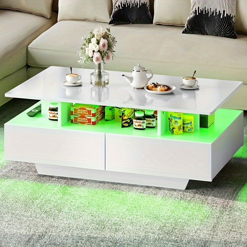 Gardnfun Modern LED Coffee Table, White Coffee Table with Storage, Large Living Room Center Tables, Display Shelf & Sliding Drawers