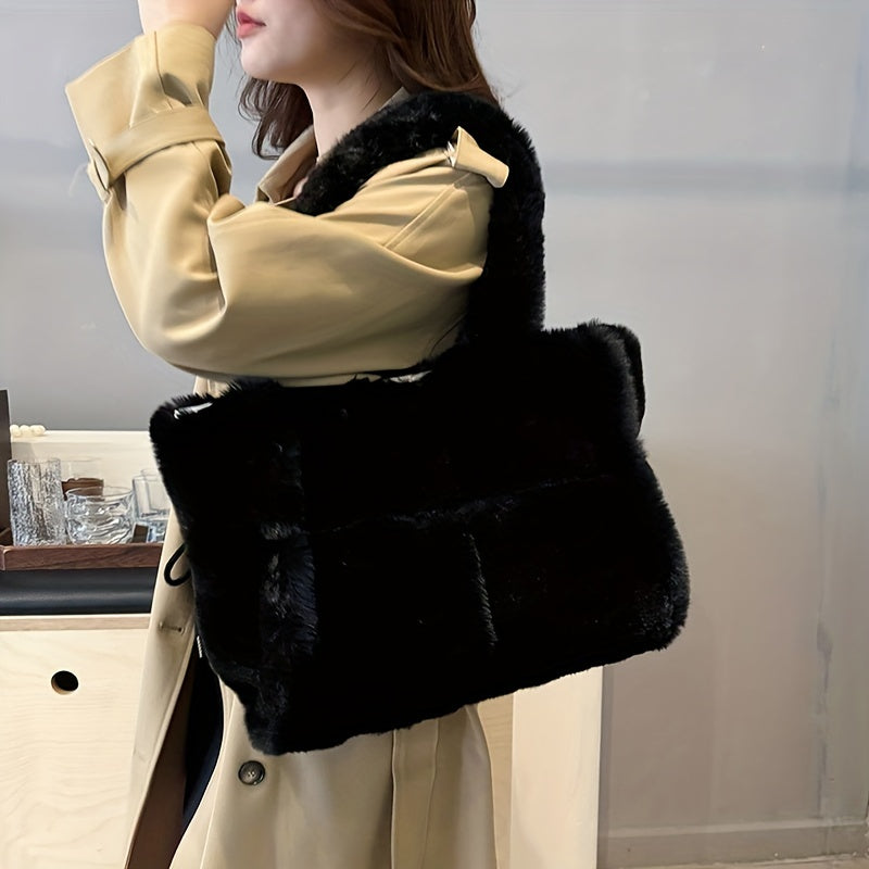 Chic Faux Fur Shoulder Bag for Women - Large Capacity, Magnetic Closure, Plush Tote with Faux Leather Lining - Versatile & Stylish in Pink, Deep Brown, or Black