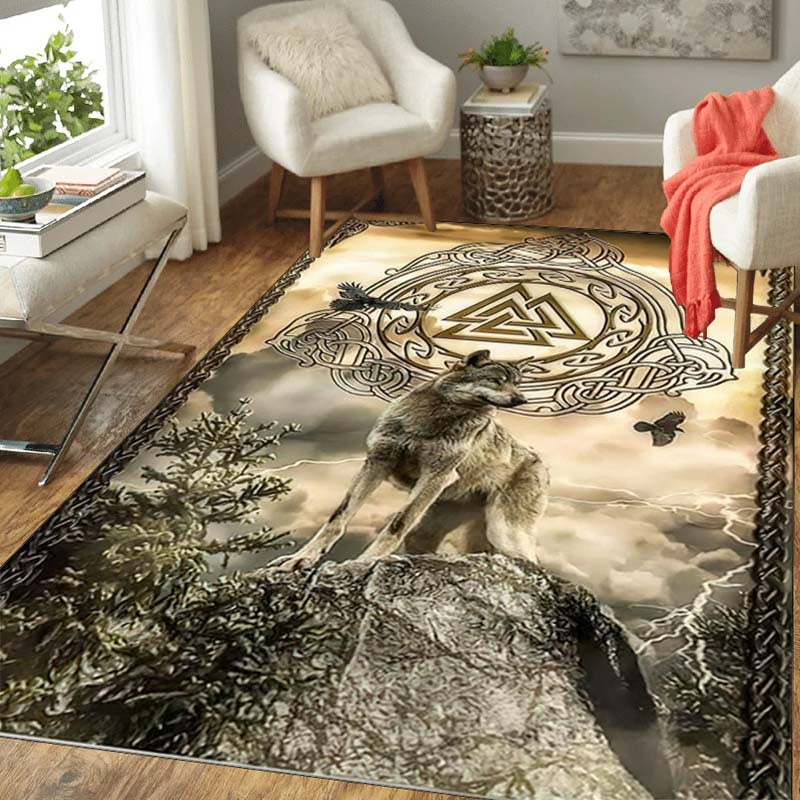 Viking Wolf Crystal Velvet Area Rug - 800G/M² Large Size