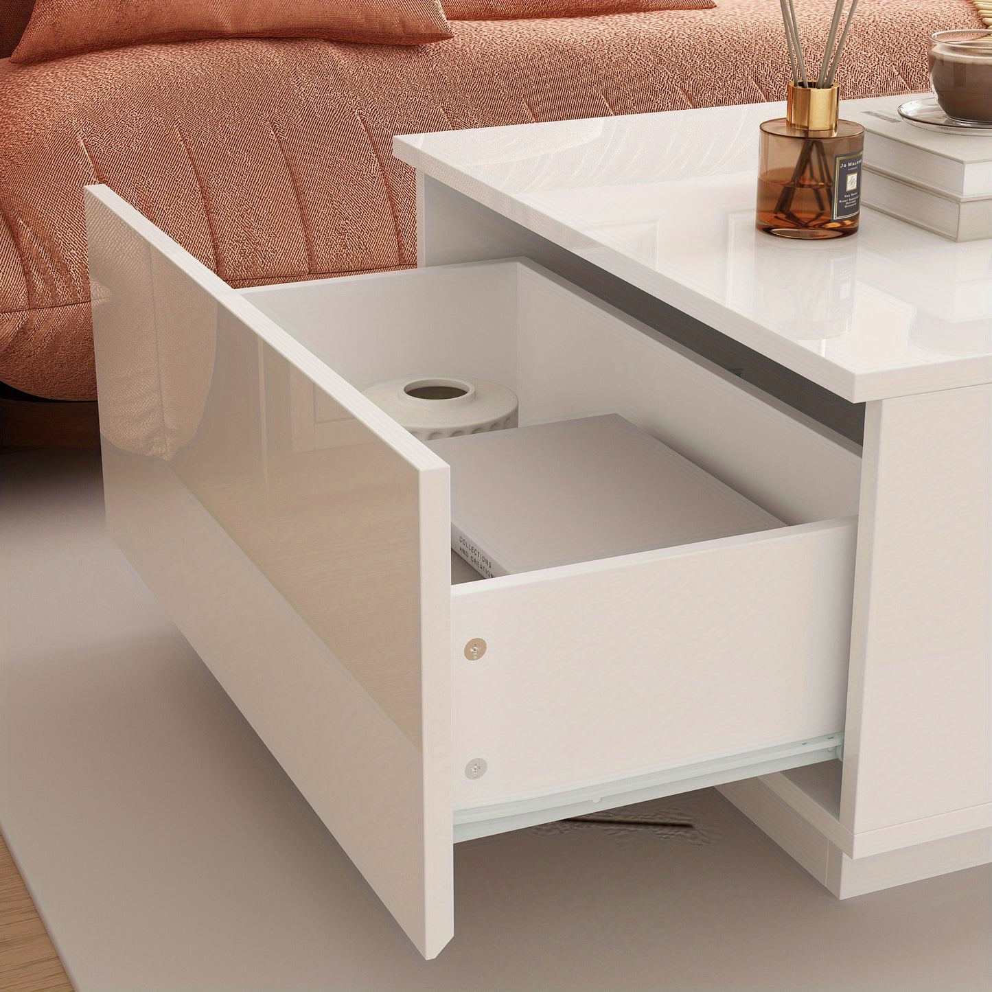 47.4" W Coffee Table with Storage, High Gloss Coffee Table with LED Lighting, Cocktail Table