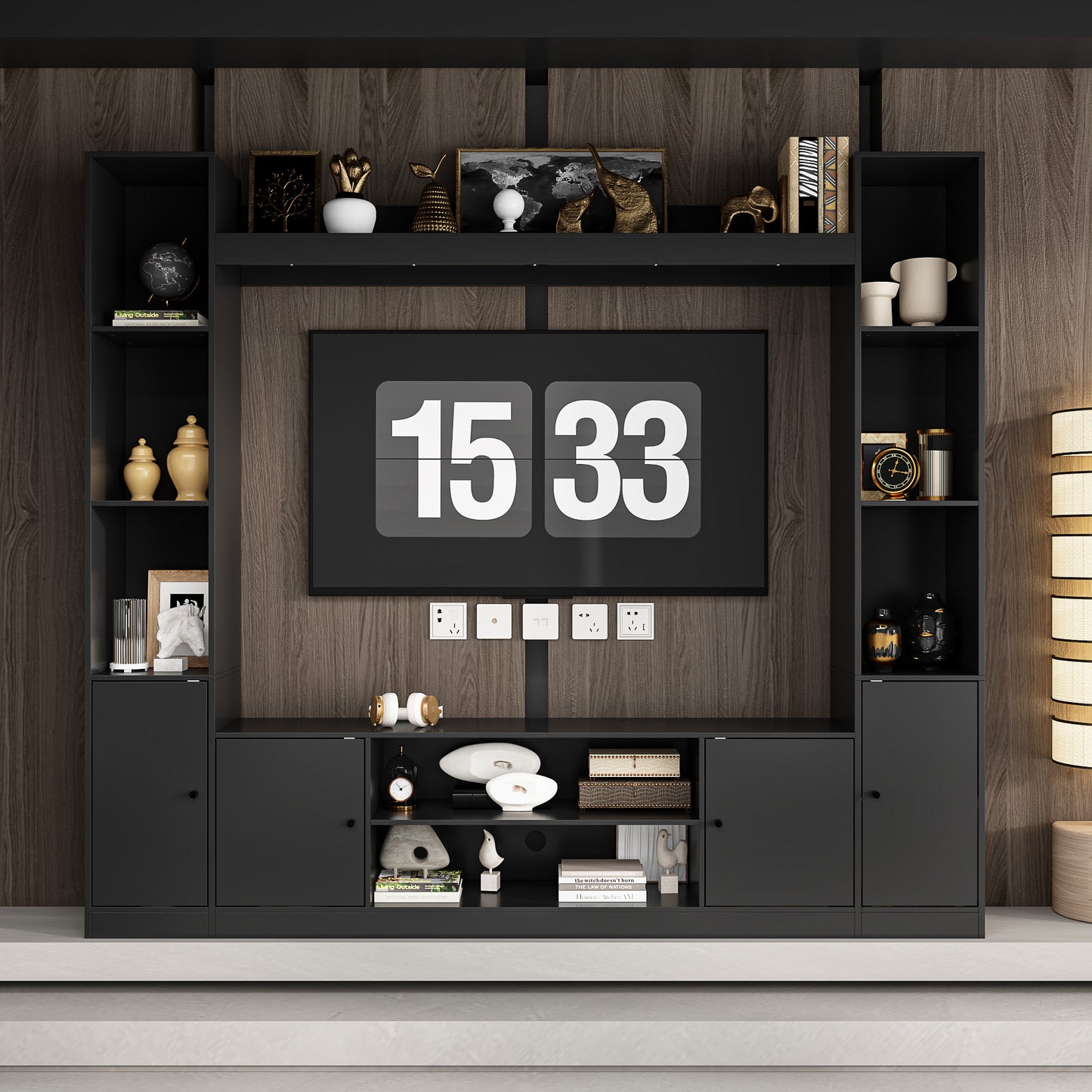 Coffee Table with Glass Top, Flip-Down Compartments, and Open Shelves