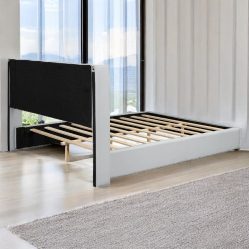 Off-white Queen Size Platform Bed featuring Metal Strips