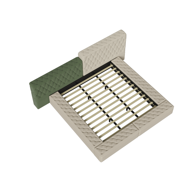 Contemporary Special-shaped Fully Upholstered Bed with Deep Button Tufting and Storage Compartments in Rails and Footboard, No Box Spring Needed, King, Beige