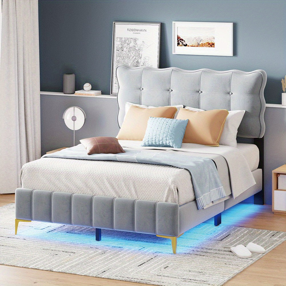 Velvet Platform Bed Frame with LED Frame and Stylish Mental Bed Legs, No Box Spring Needed