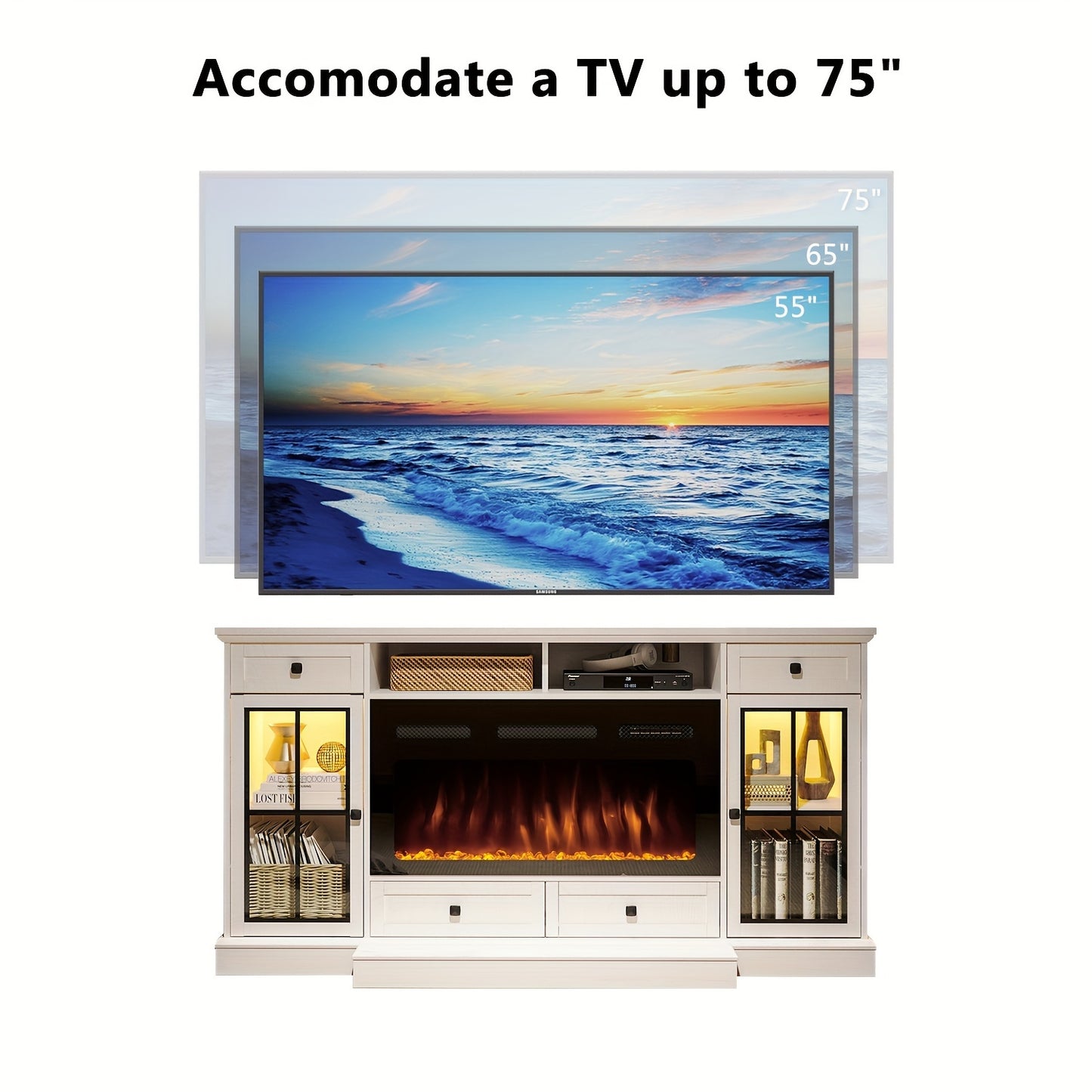 Farmhouse Fireplace TV Stand Suitable For Up To 75 Inch TV, 36" Tall Entertainment Center With 36" Crystal Eletric Fireplace, Modern Media Console Table With LED Lights For Living Room, White