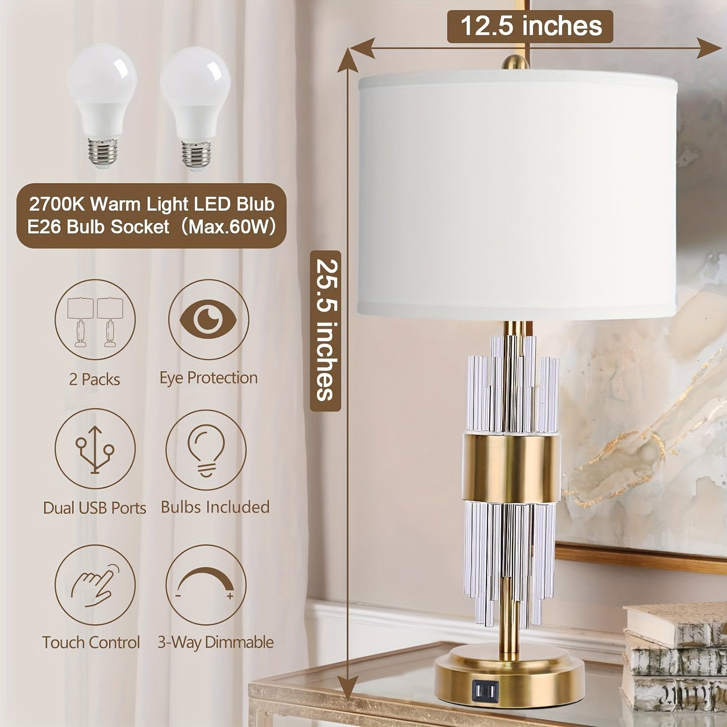 Bedside Table Golden Lamp For Living Room With USB Ports, Set Of 2 With Touch Control, Modern Nightstand White Drum Lamp Shade Bedrooms Home Office Light Decor Valentine'S Day And Easter Gifts