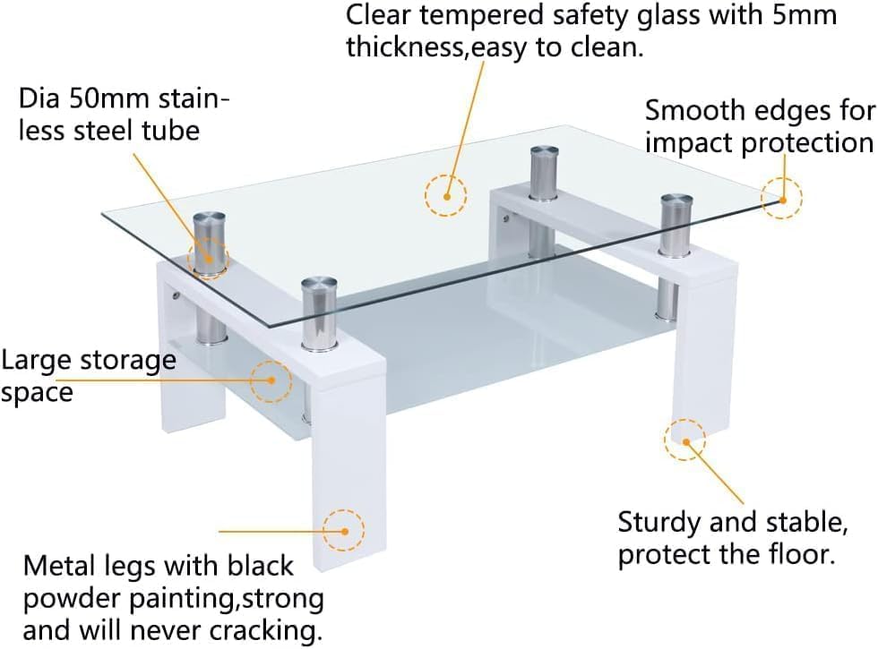 Coffee Table, Rectangle Glass Top with Glass Shelf 2-Tier Modern Coffee Table & Legs for Home Living Room, Office, Store or Bed Room White