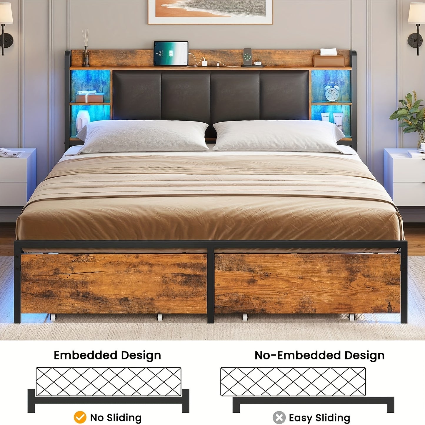 Queen Size Bed Frame With 2 Storage Drawers And Headboard With Charging Station And LED Lights, Vintage Brown