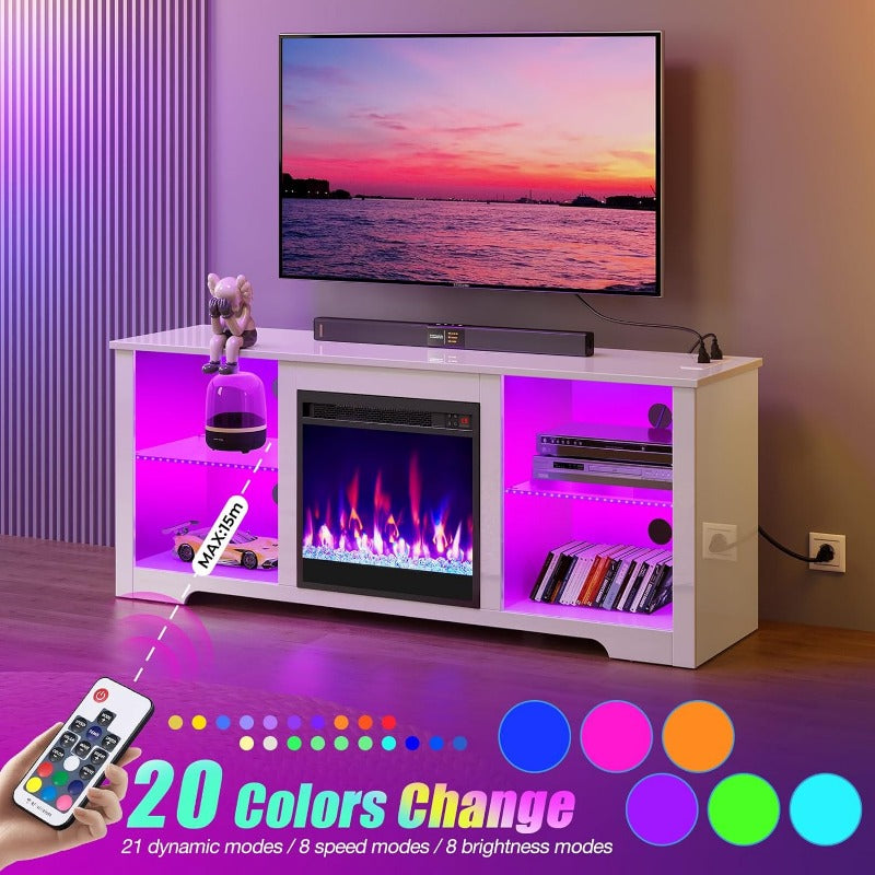 Fireplace TV Stand with Led Lights and Power Outlets, TV Stand for 45 50 55 60 65 inch TVs, Entertainment Center with Electric Fireplace, Modern TV Console with Glass Shelves