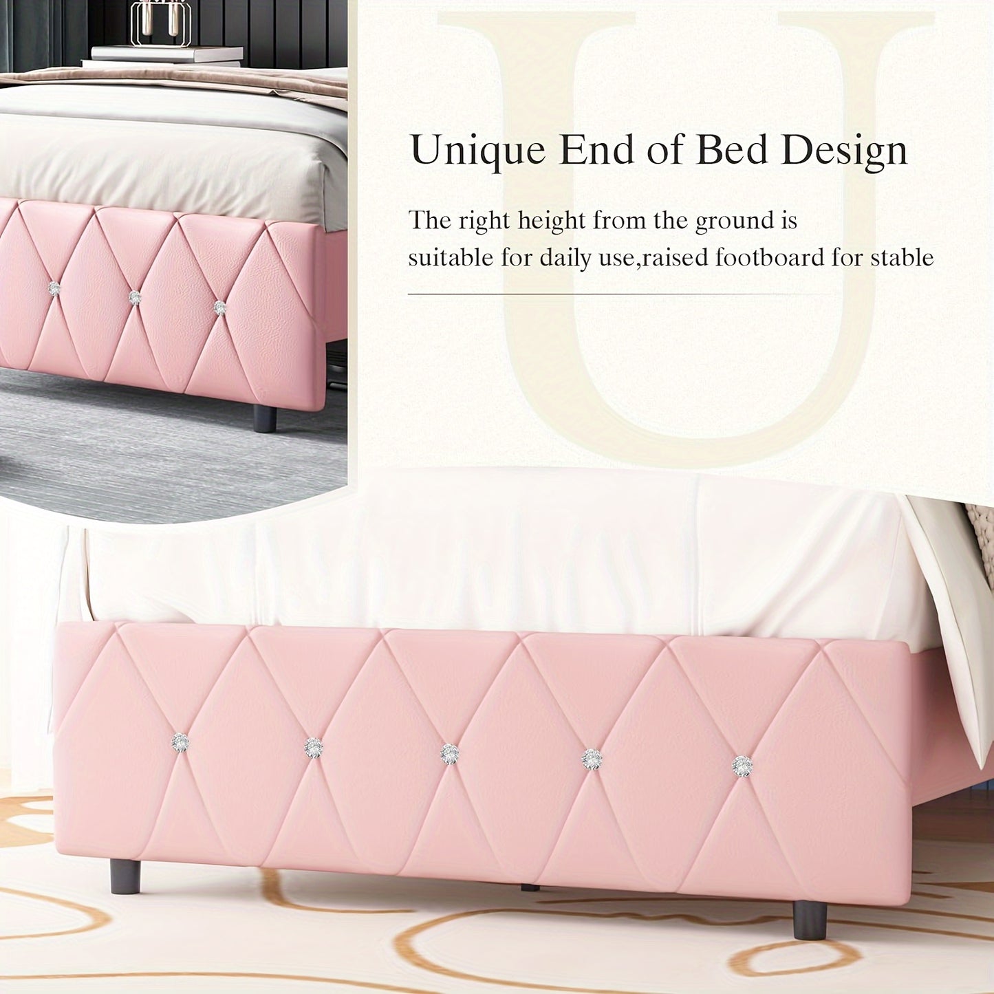 Full Size Bed Frame, Upholstered Bed Frame Full Size with Diamond Tufted Headboard, Faux Leather Headboard & Footboard, Wooden Slats Support, No Box Spring Needed, Easy Assembly, Pink