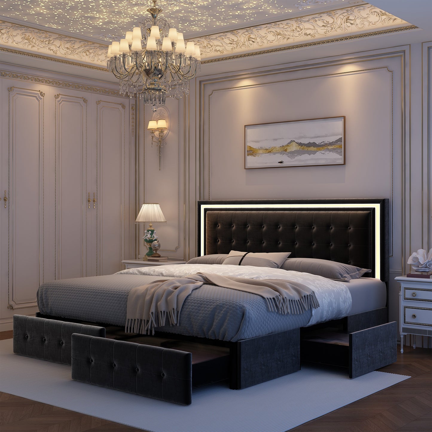 LED Queen Bed Frame - 4 Drawers & Adjustable Headboard