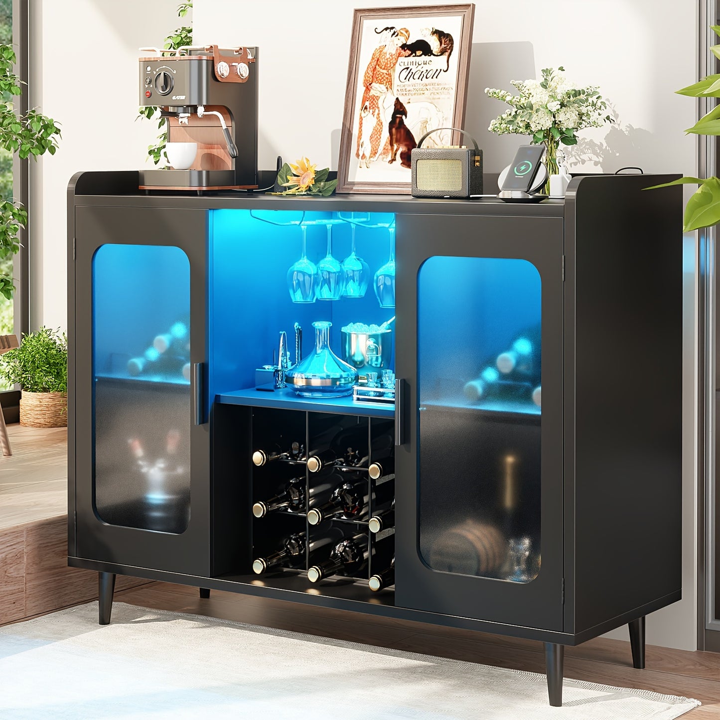 Wine Bar Cabinet with Power Outlet, Liquor Cabinet Bar with LED Light and Glass Holder, Home Coffee Bar Cabinet, Buffet Sideboard with Storage Shelf for Kitchen, Dining Room, Black Oak