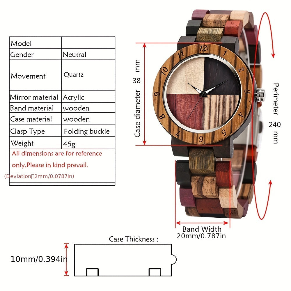 Ladies Plaid Wood Design Watch Lightweight Wooden Watches with Adjustable Strap and Stainless Steel Buckle Quartz Watches for Women