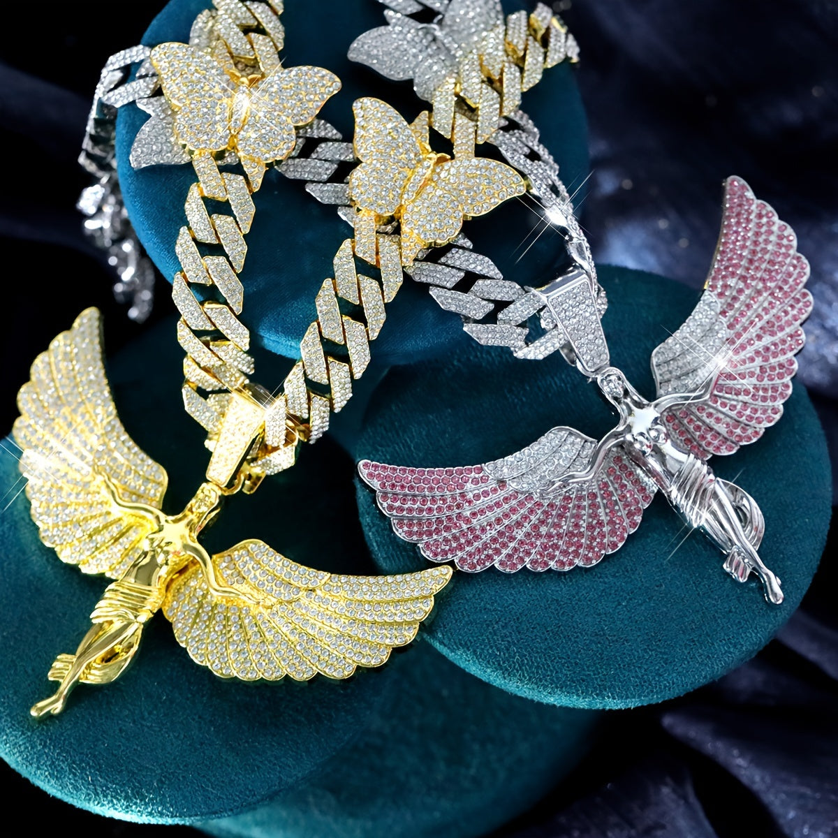 Glamorous Rhinestone Angel Winged Goddess Pendant Necklace with Butterfly - Unisex Zinc Alloy Cuban Chain for Party, Street Style, Night Club - Hip Hop Rapper Jewelry, Thanksgiving and Christmas Gift