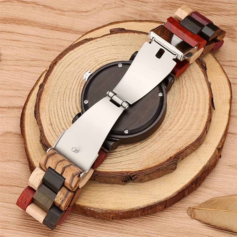 Ladies Plaid Wood Design Watch Lightweight Wooden Watches with Adjustable Strap and Stainless Steel Buckle Quartz Watches for Women