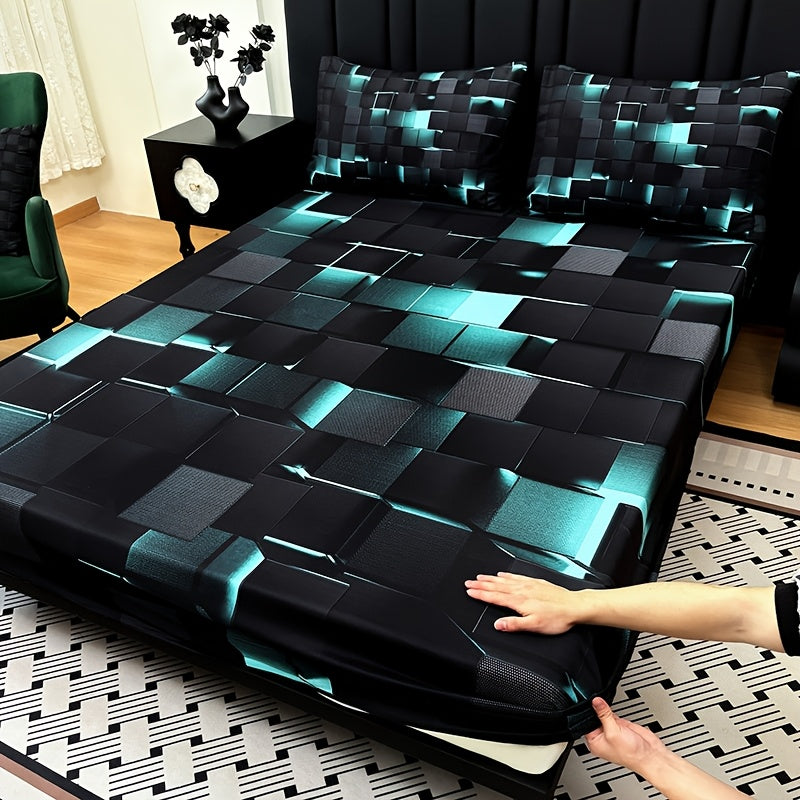 3pcs Cool Technology Digital Printing Material Plaid Fitted Sheet(1pc Bed Sheet+2pcs Pillowcase No Filling)Deep Pocket In 15 Inch At Home Dormitory Suitable for All Seasons Mattress Protector