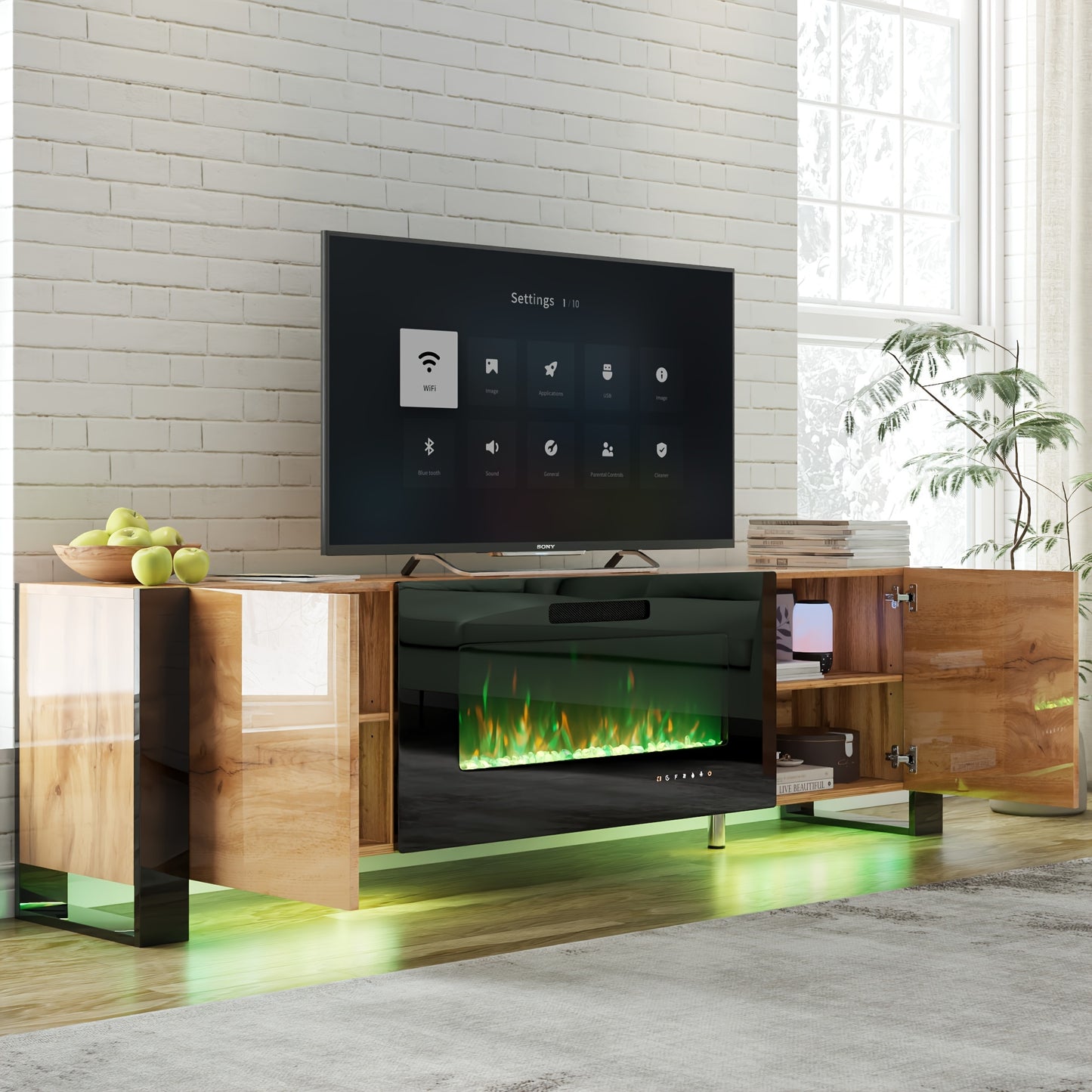 Modern Electric Fireplace TV Stand with LED Lights, Entertainment Center for TVs