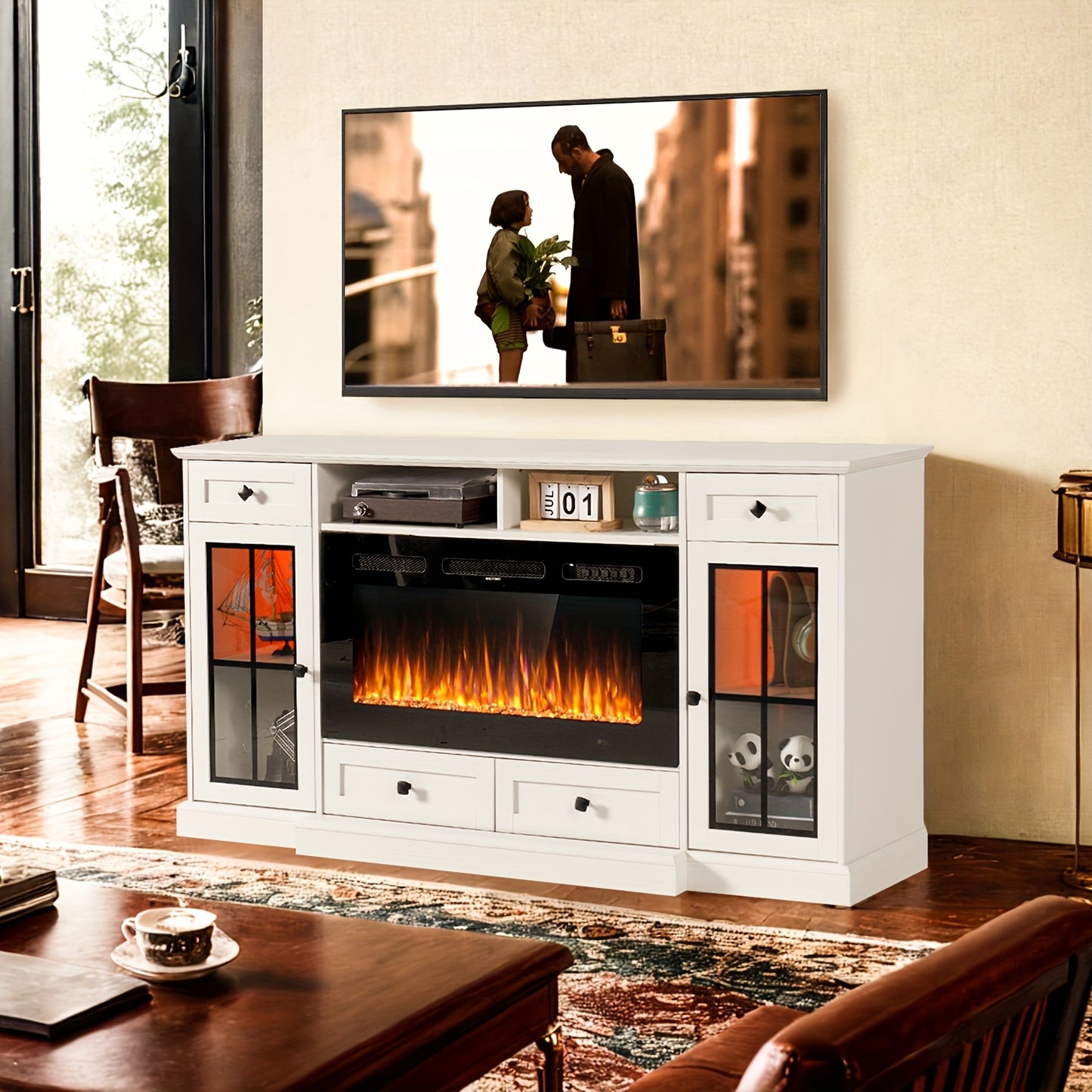 Farmhouse Fireplace TV Stand Suitable For Up To 75 Inch TV, 36" Tall Entertainment Center With 36" Crystal Eletric Fireplace, Modern Media Console Table With LED Lights For Living Room, White