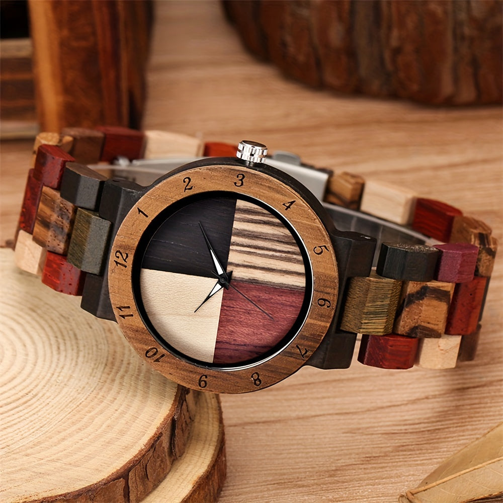 Ladies Plaid Wood Design Watch Lightweight Wooden Watches with Adjustable Strap and Stainless Steel Buckle Quartz Watches for Women