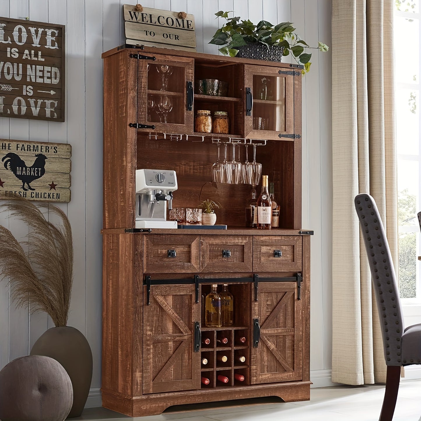 72" Farmhosue Bar Cabinet With Sliding Barn Door, Large Kitchen Buffet With Hutch W/Wine & Glasses Rack, 3 Drawers, 12 Storage Shelves, Rustic Coffee Bar Sideboard Table