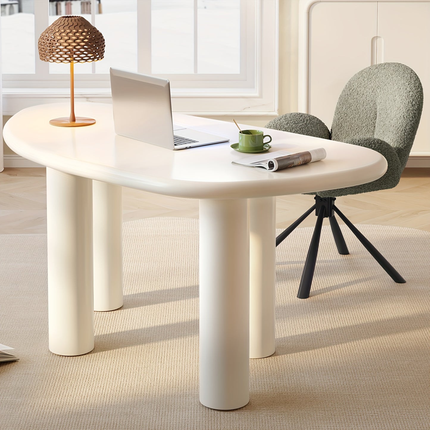 Large Office Desk, Wedge-Shaped Computer Office Desk, Modern Executive Desk, Creamy White Writing Study Desk For Study Room, Home Office, Easy Assembly, Guyii
