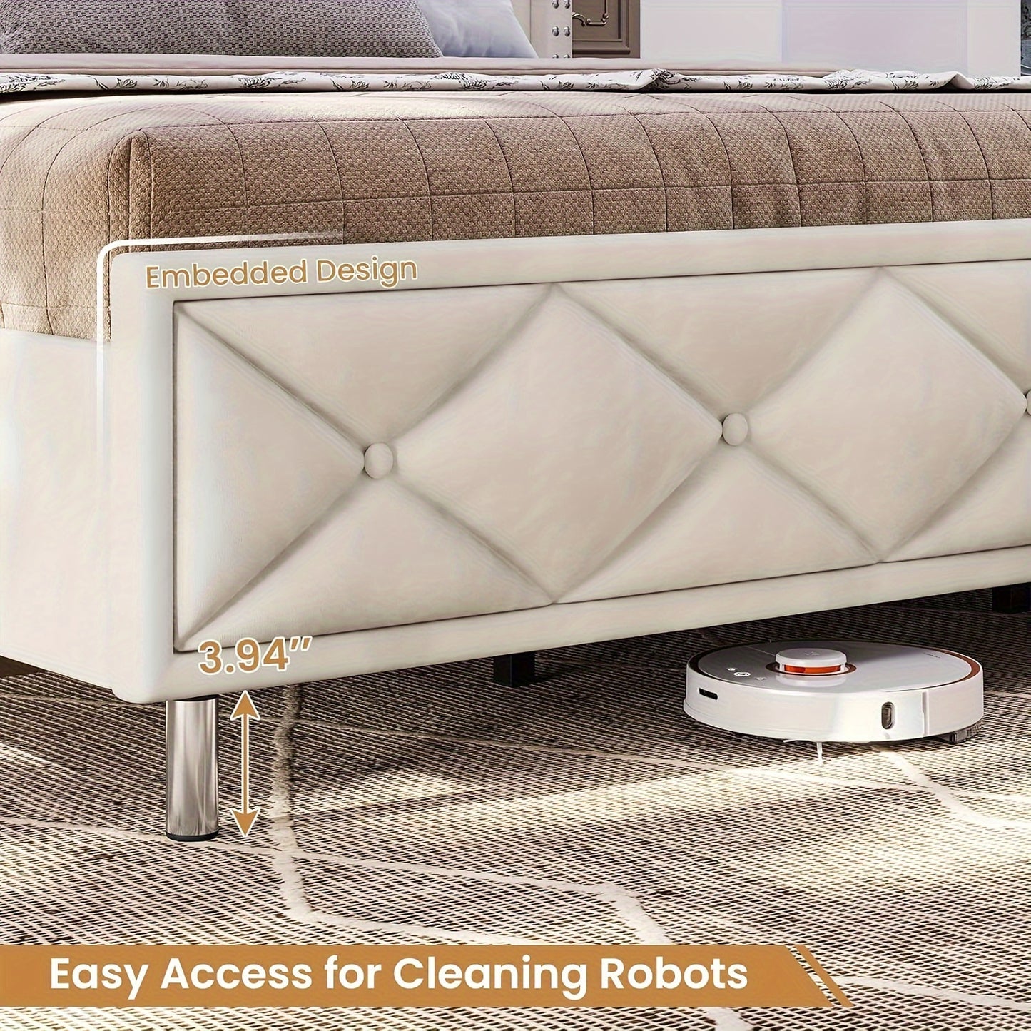 King Size Bed Frame With Tall Headboard & LED Lights Modern LED Platform Bed Frame Beige