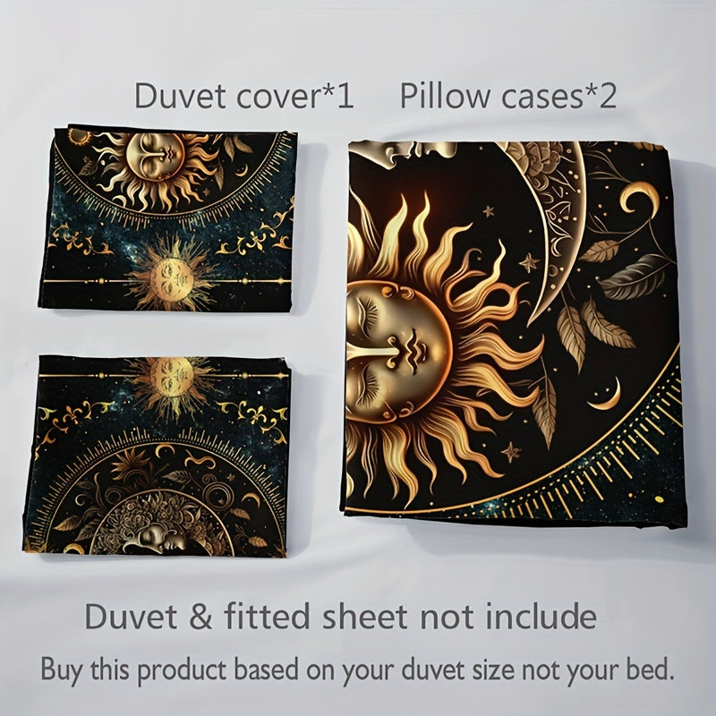 3pcs Bedding Set - Elegant & Golden Sun/Moon/Planets Print Duvet Cover with 2 Pillowcases, All-Season Luxury Bedspread for Queen/King Size Beds, Machine Washable Polyester Bedding For Home & Dorm Decor