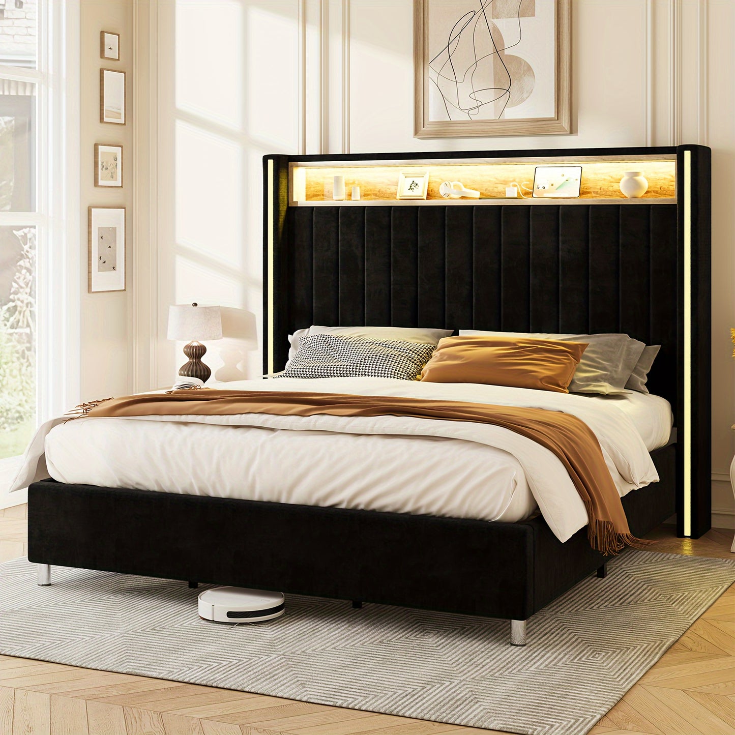 PaPaJet Bed Frame with LED Lights And Charging Station, Velvet Upholstered Platform Bed with 53" Tall Storage Headboard And Wingbacks, No Box Spring Needed