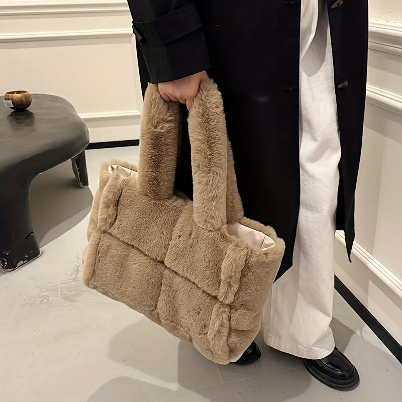 Chic Faux Fur Shoulder Bag for Women - Large Capacity, Magnetic Closure, Plush Tote with Faux Leather Lining - Versatile & Stylish in Pink, Deep Brown, or Black