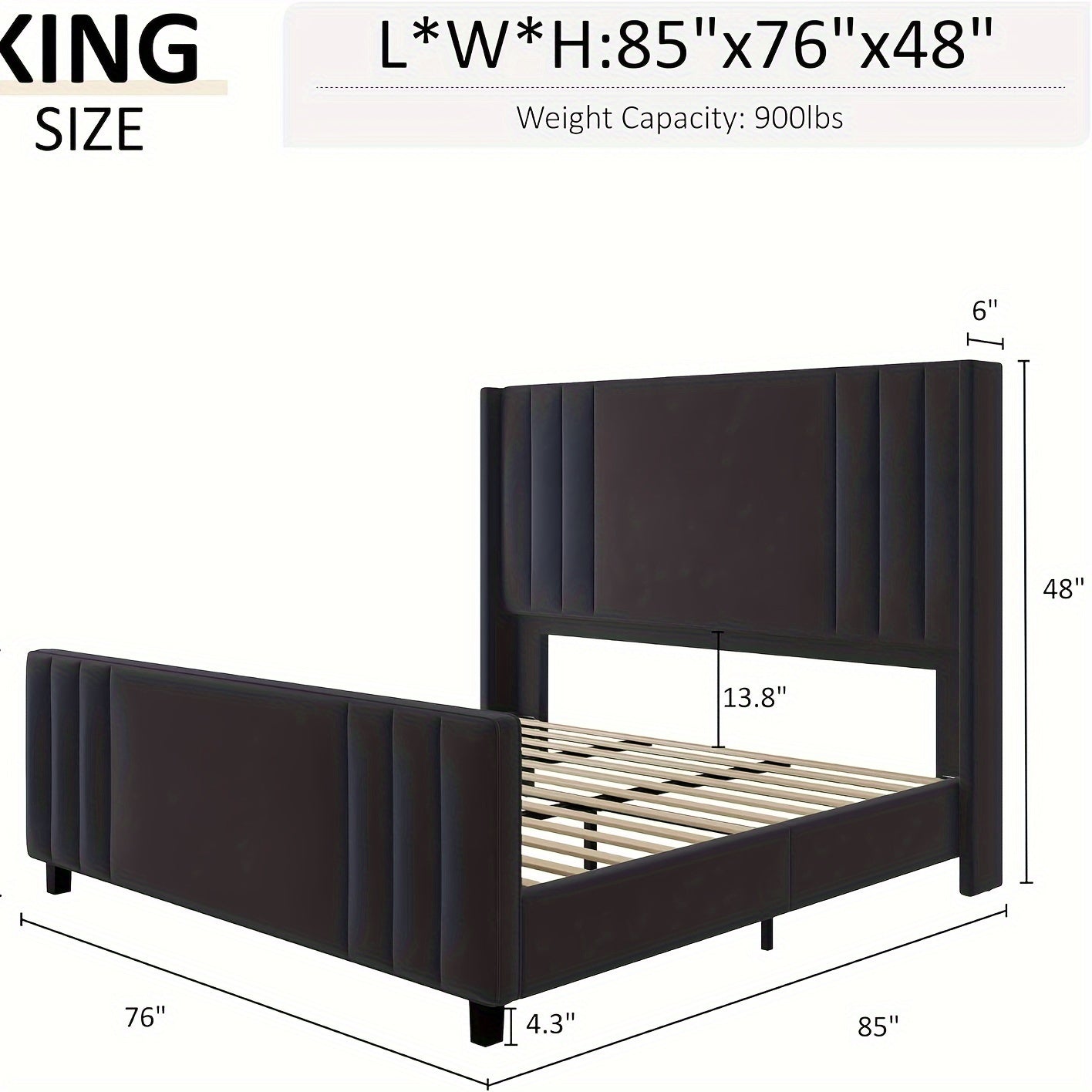 King Velvet Upholstered Platform Bed Frame with Vertical Channel Tufted Headboard and Footboard/Wingback, Mattress Foundation with Wood Slats Black