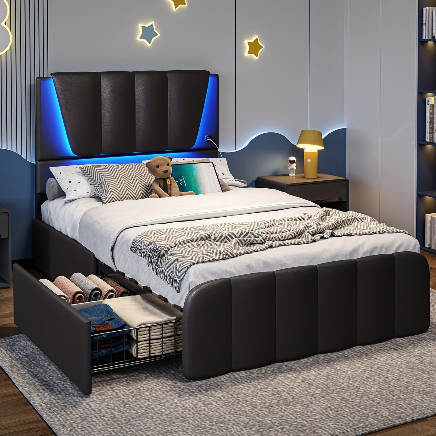 Twin Bed Frames With Storage Drawers And LED Lights, Bed Frame Twin Size With Height Adjustable Headboard, No Box Spring Needed, Cream White/Black