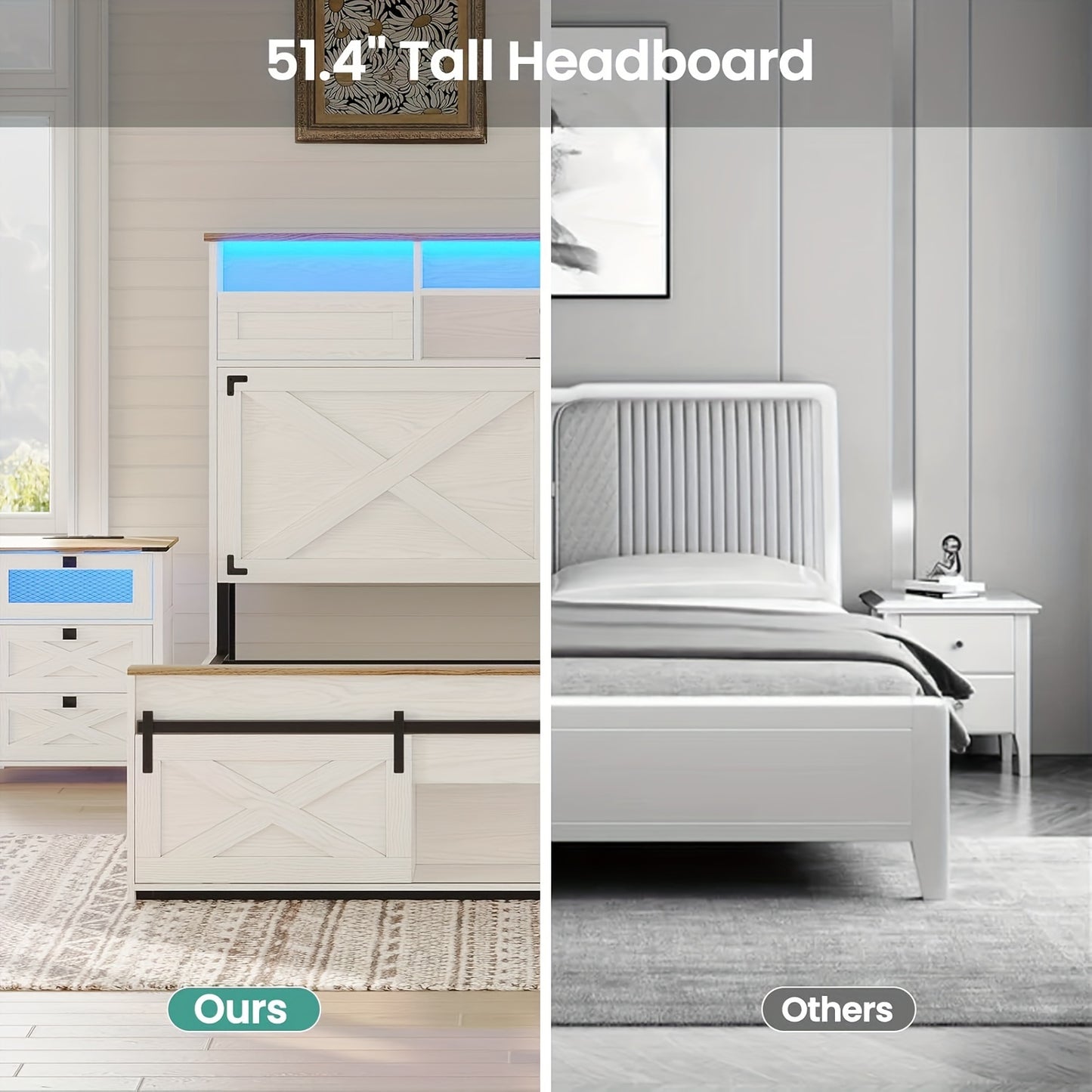 Queen Size Bed Frame With LED Lights And Charging Station, Farmhouse Queen Platform With Sliding Barn Door Storage Footboard, Queen Bed With High Headboard, No Box Spring Needed, White