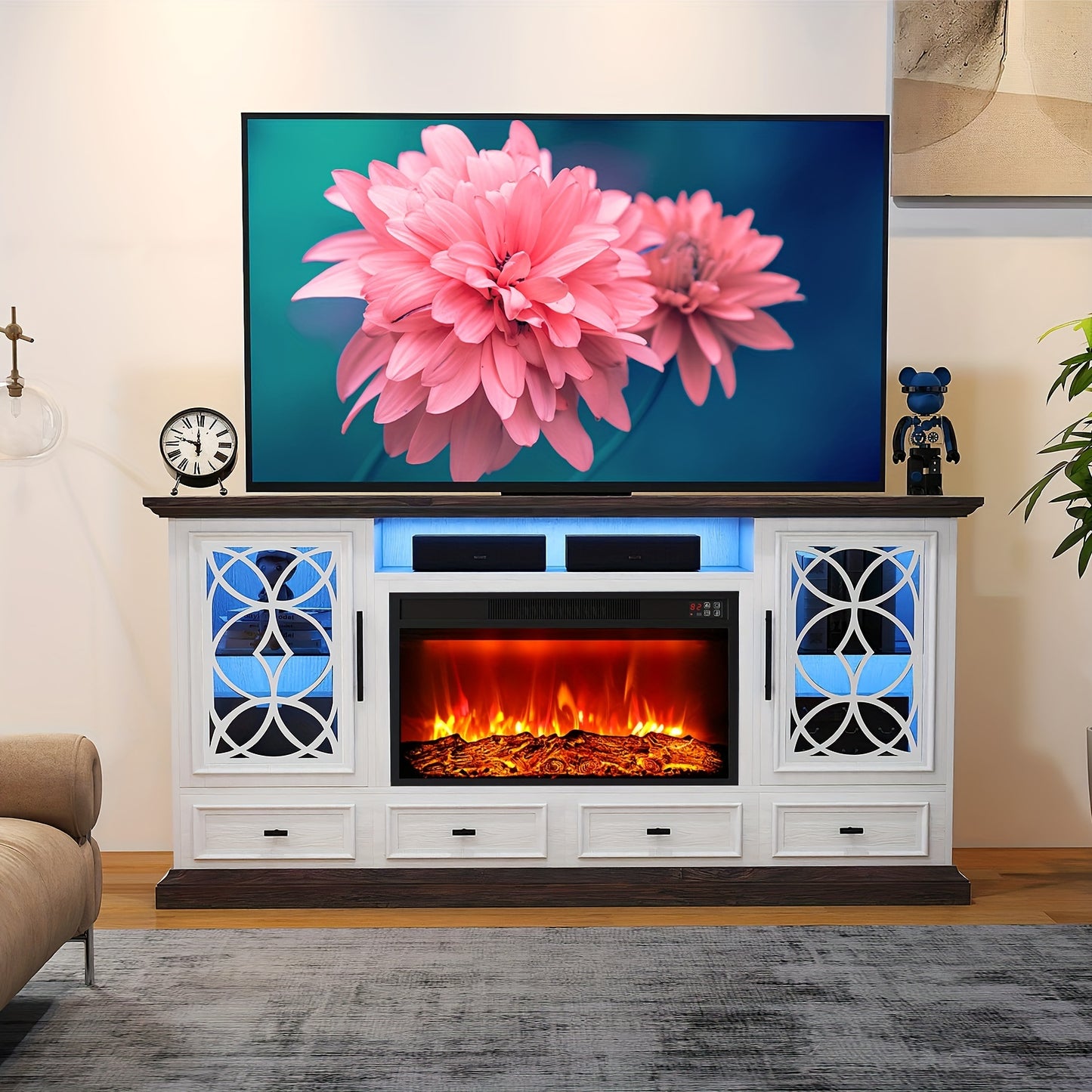 70-inch white farmhouse TV stand with electric fireplace, RGB LED, adjustable shelves, four drawers, fits 80 inch TVs.