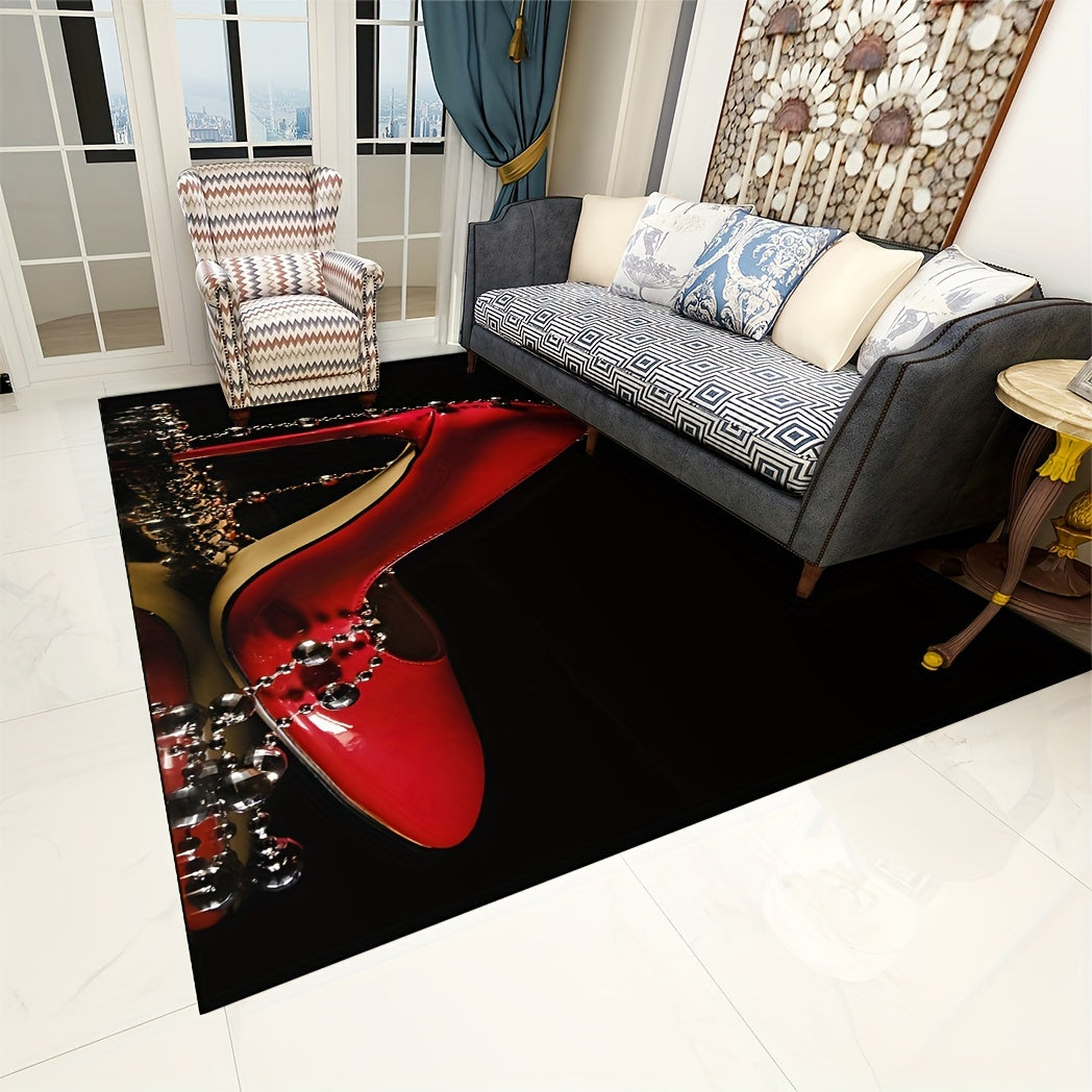 Luxurious Red High Heels & Beads Velvet Area Rug - Non-Slip, Durable For Living Room, Bedroom, Entryway - Foldable Design For Easy Cleaning - Multiple Sizes Available