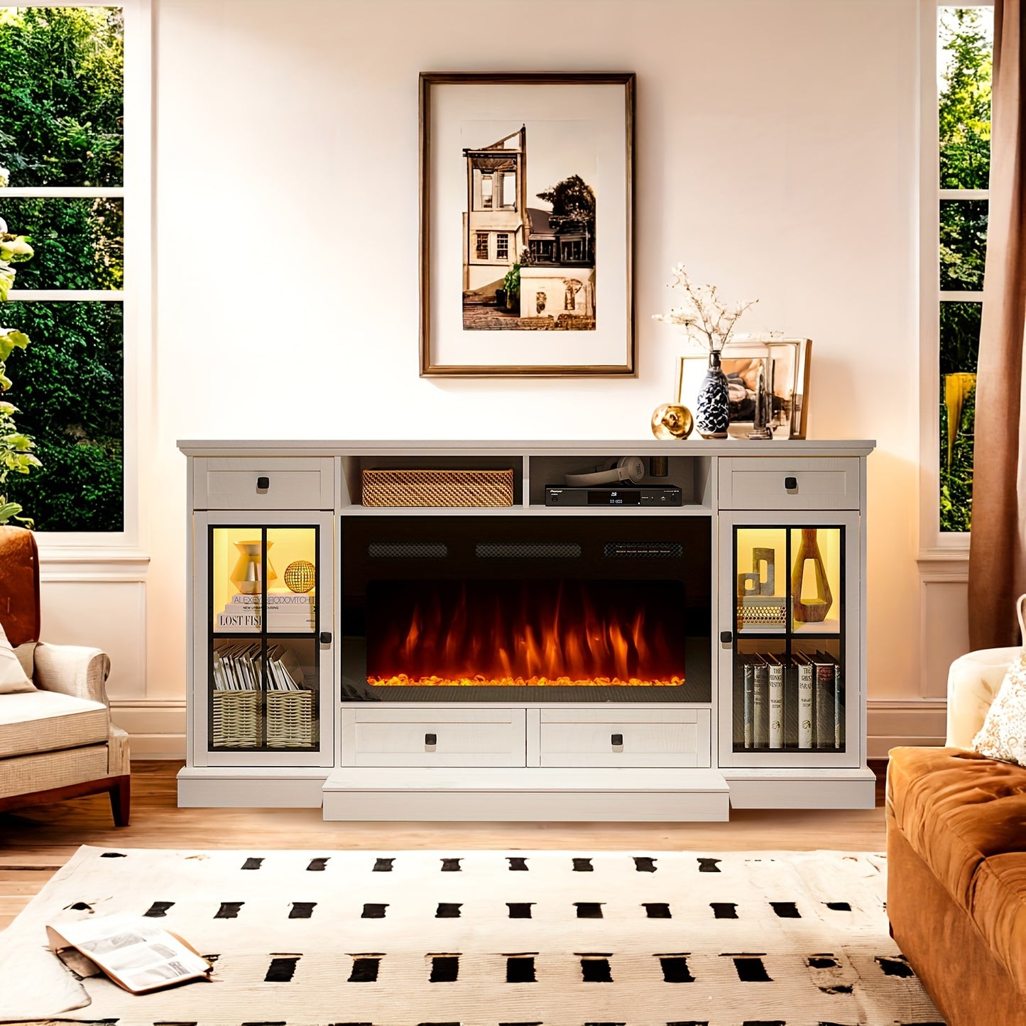 Farmhouse Fireplace TV Stand Suitable For Up To 75 Inch TV, 36" Tall Entertainment Center With 36" Crystal Eletric Fireplace, Modern Media Console Table With LED Lights For Living Room, White