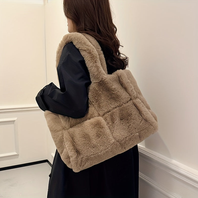 Chic Faux Fur Shoulder Bag for Women - Large Capacity, Magnetic Closure, Plush Tote with Faux Leather Lining - Versatile & Stylish in Pink, Deep Brown, or Black