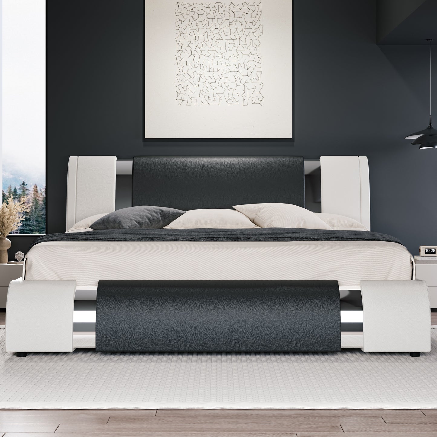HOOMIC Modern Faux Leather Bed Frame With Iron Pieces Decor, Low Profile Platform Bed With Height-Adjustable Headboard, Solid Wood Slat Support, No Box Spring Needed