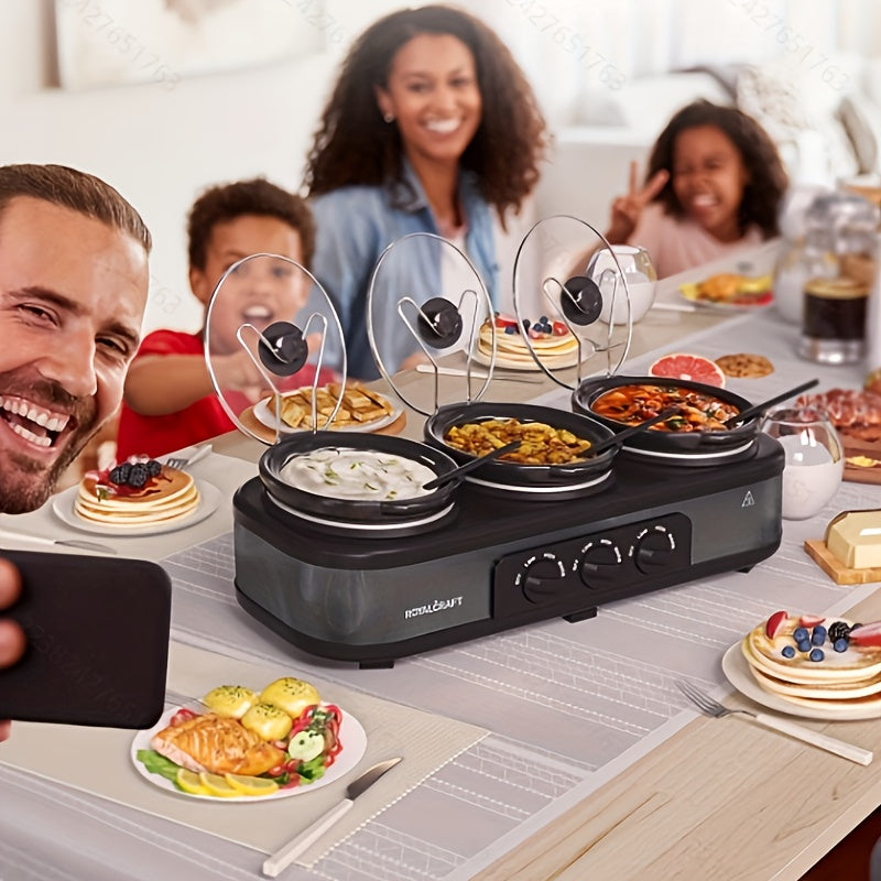 3-Pot Slow Cooker Buffet Server with 10 Cooking Liners - Triple Slow Cooker Food Warmer for Parties - Adjustable Temperature - 4.5 QT - Ideal for Large Gatherings & Family Dinners