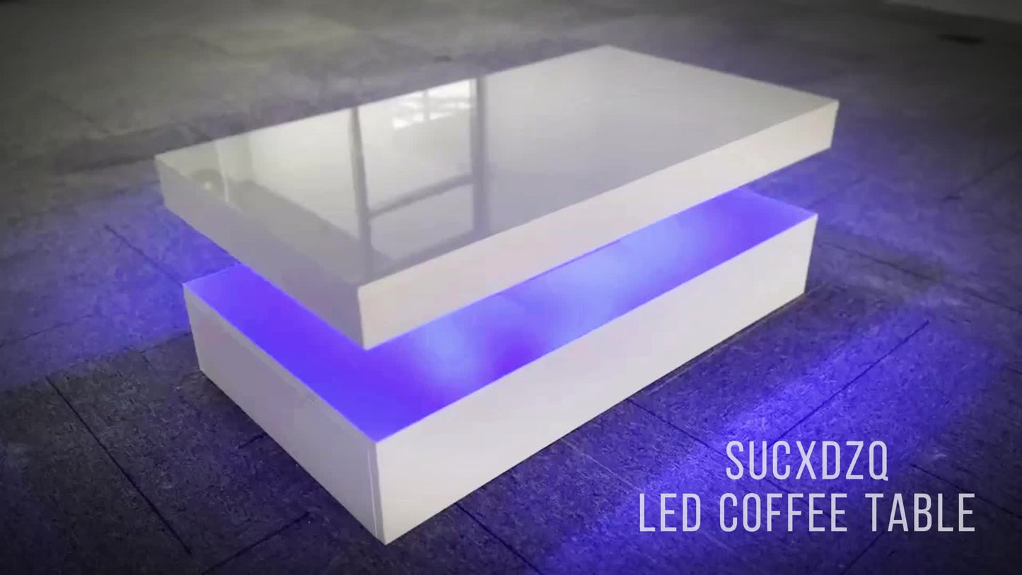 LED Coffee Table, Modern High Gloss Coffee Table with Remote Control Adjustable Speed Brightness Transfer Mode, RGB Colors LED Lights, 2-Tier Rectangle White Living Room Table