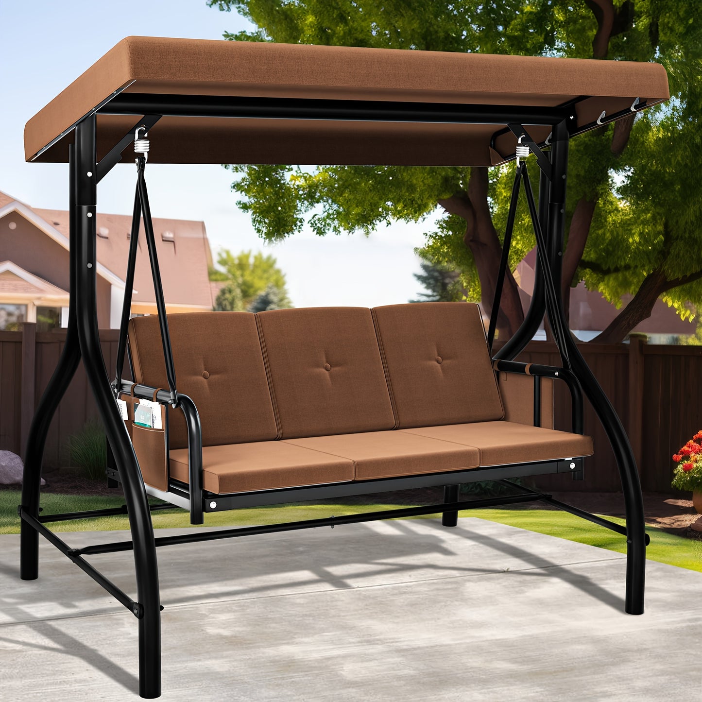 NatureHavenShopPorch Swing Bed 3-Seats Outdoor Patio Swing Heavy Duty Swing Chair With Adjustable Canopy Removable Cushion, Suitable For Adult In Garden, Poolside, Balcony
